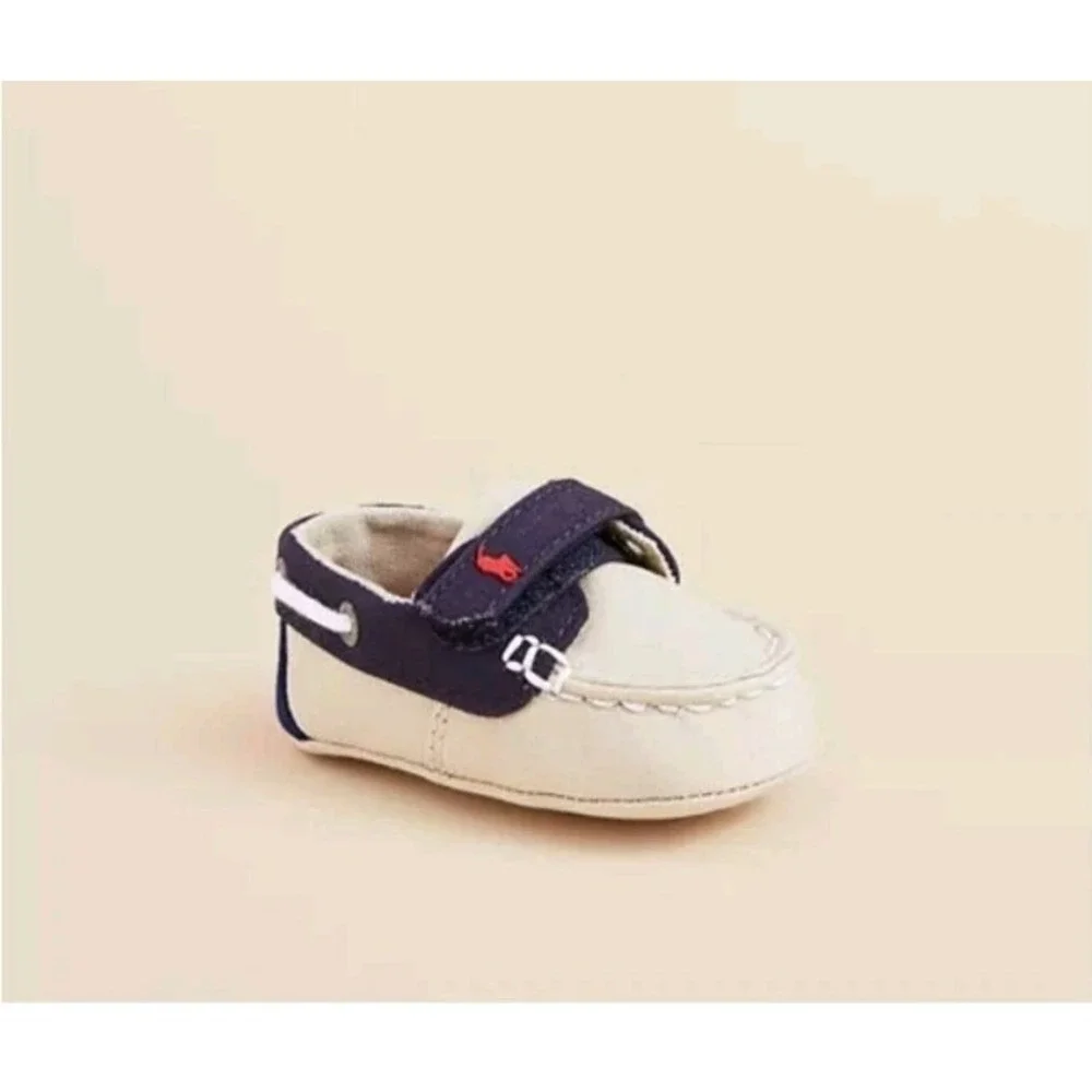 Ralph Lauren Boys Sanders EZ Canvas Deck Shoes‎ Size 2 Pony Logo Loafer Tan Navy